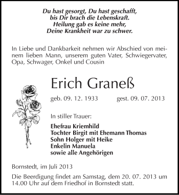 Traueranzeige von Erich Graneß von Mitteldeutsche Zeitung Mansfelder Land