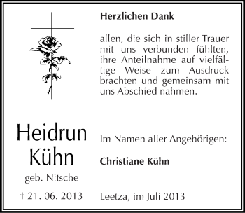 Traueranzeige von Heidrun Kühn von Mitteldeutsche Zeitung Wittenberg