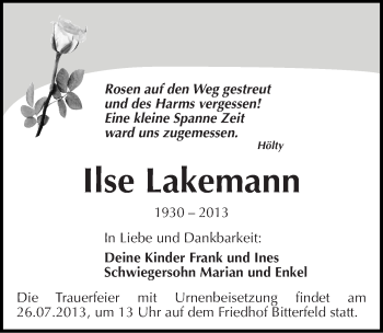 Traueranzeige von Ilse Lakemann von Mitteldeutsche Zeitung Bitterfeld