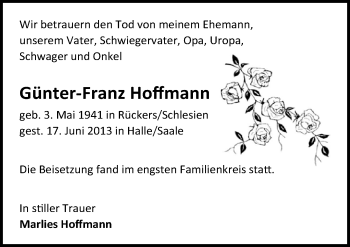 Traueranzeige von Günter-Franz Hoffmann von Mitteldeutsche Zeitung Halle/Saalkreis