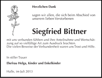 Traueranzeige von Siegfried Bittner von Mitteldeutsche Zeitung Halle/Saalkreis