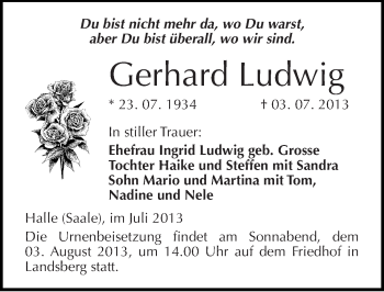 Traueranzeige von Gerhard Ludwig von Mitteldeutsche Zeitung Halle/Saalkreis