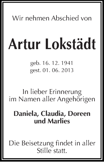 Traueranzeige von Artur Lokstädt von Mitteldeutsche Zeitung Halle/Saalkreis