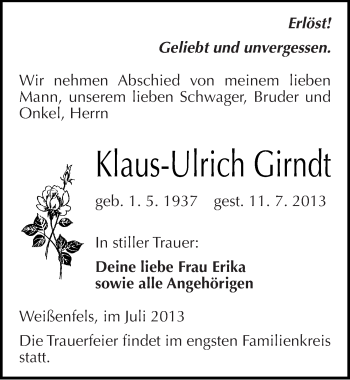 Traueranzeige von Klaus-Ulrich Girndt von Mitteldeutsche Zeitung Weißenfels