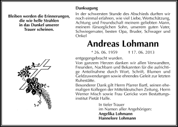 Traueranzeige von Andreas Lohmann von Mitteldeutsche Zeitung