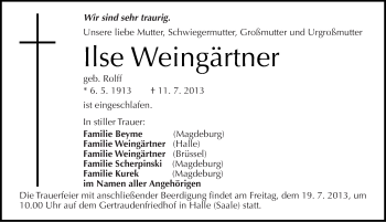 Traueranzeige von Ilse Weingärtner von Mitteldeutsche Zeitung Halle/Saalkreis