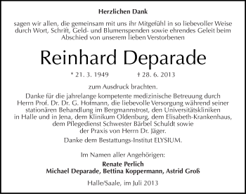 Traueranzeige von Reinhard Deparade von Mitteldeutsche Zeitung Halle/Saalkreis