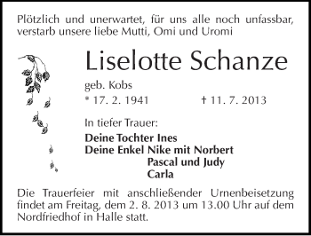Traueranzeige von Liselotte Schanze von Mitteldeutsche Zeitung Halle/Saalkreis