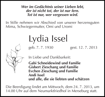 Traueranzeige von Lydia Issel von Mitteldeutsche Zeitung Merseburg/Querfurt