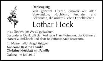 Traueranzeige von Lothar Heck von Mitteldeutsche Zeitung Halle/Saalkreis