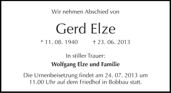 Traueranzeige von Gerd Elze von Mitteldeutsche Zeitung Bitterfeld