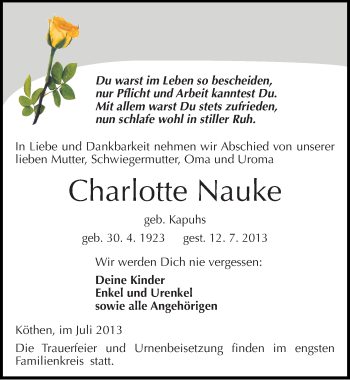 Traueranzeige von Charlotte Nauke von Mitteldeutsche Zeitung Köthen