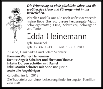 Traueranzeige von Edda Heinemann von Mitteldeutsche Zeitung Merseburg/Querfurt