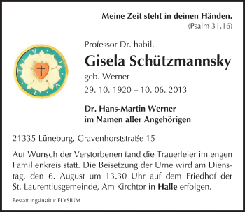Traueranzeige von Gisela Schützmannsky von Mitteldeutsche Zeitung Halle/Saalkreis