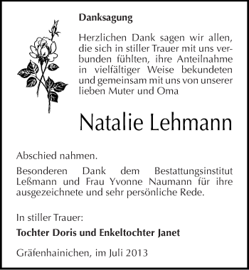 Traueranzeige von Natalie Lehmann von Mitteldeutsche Zeitung Wittenberg
