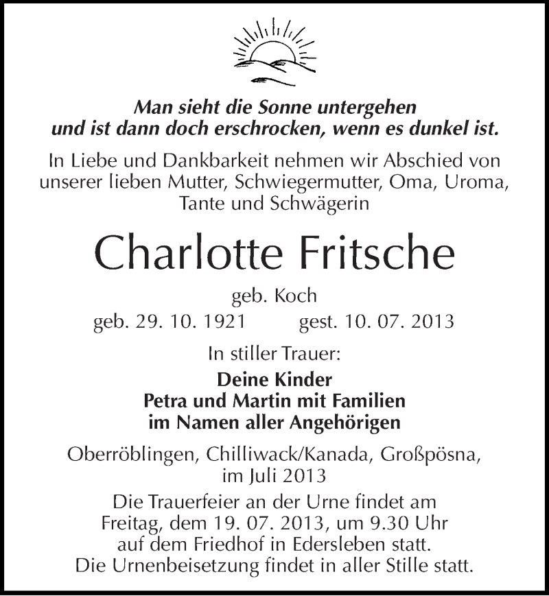  Traueranzeige für Charlotte Fritsche vom 16.07.2013 aus Mitteldeutsche Zeitung Sangerhausen