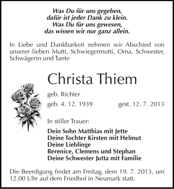 Traueranzeige von Christa Thiem von Mitteldeutsche Zeitung Merseburg/Querfurt