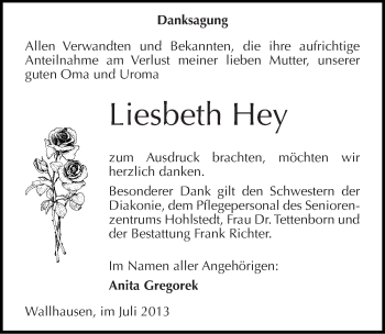 Traueranzeige von Liesbeth Hey von Mitteldeutsche Zeitung Sangerhausen