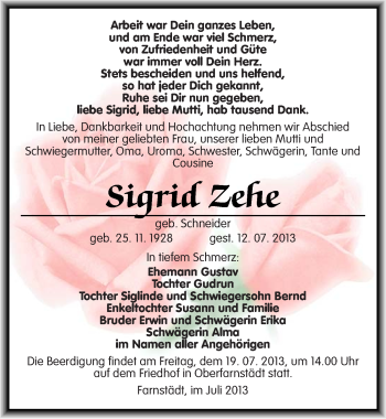 Traueranzeige von Sigrid Zehe von Mitteldeutsche Zeitung Aschersleben