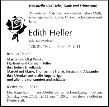 Traueranzeige von Edith Heller von Mitteldeutsche Zeitung Quedlinburg