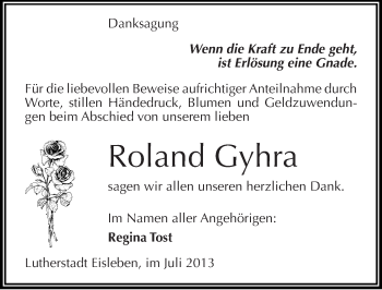 Traueranzeige von Roland Gyhra von Mitteldeutsche Zeitung Mansfelder Land