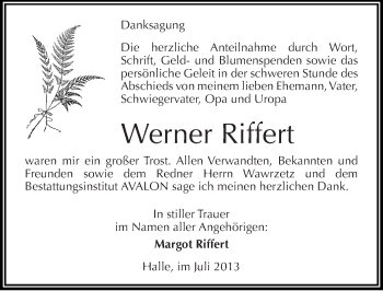 Traueranzeige von Werner Riffert von Mitteldeutsche Zeitung Halle/Saalkreis