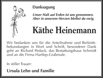 Traueranzeige von Käthe Heinemann von Mitteldeutsche Zeitung Quedlinburg