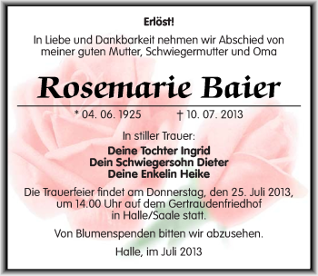 Traueranzeige von Rosemarie Baier von Mitteldeutsche Zeitung Halle/Saalkreis