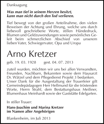 Traueranzeige von Arno Kretzer von Mitteldeutsche Zeitung Sangerhausen