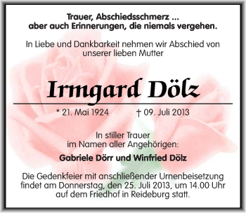 Traueranzeige von Irmgard Dölz von Mitteldeutsche Zeitung Halle/Saalkreis