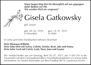 Traueranzeige von Gisela Gatkowsky von Mitteldeutsche Zeitung Halle/Saalkreis