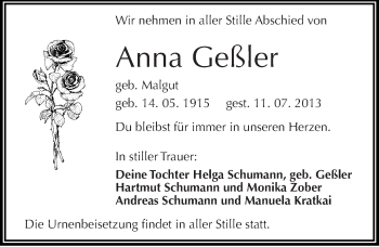 Traueranzeige von Anna Geßler von Mitteldeutsche Zeitung Halle/Saalkreis