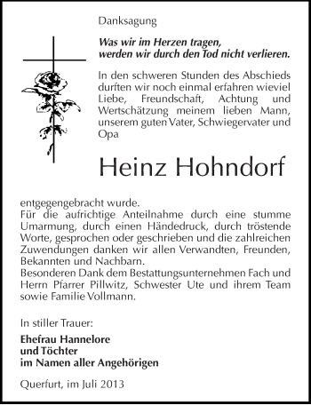 Traueranzeige von Heinz Hohndorf von Mitteldeutsche Zeitung Merseburg/Querfurt