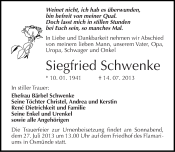 Traueranzeige von Siegfried Schwenke von Mitteldeutsche Zeitung Halle/Saalkreis