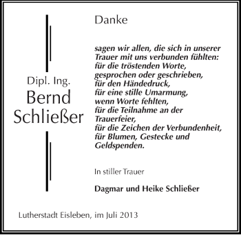 Traueranzeige von Bernd Schließer von Mitteldeutsche Zeitung Mansfelder Land