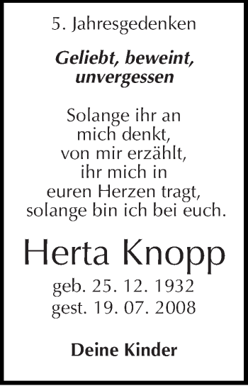 Traueranzeige von Herta Knopp von Mitteldeutsche Zeitung Köthen