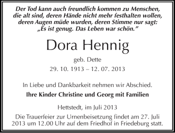 Traueranzeige von Dora Hennig von Mitteldeutsche Zeitung Mansfelder Land