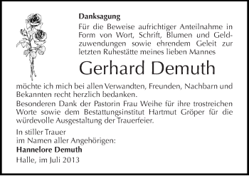 Traueranzeige von Gerhard Demuth von Mitteldeutsche Zeitung Halle/Saalkreis