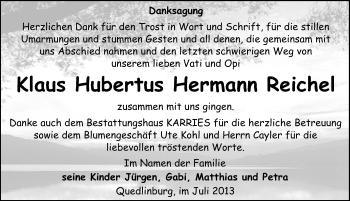 Traueranzeige von Klaus Hubertus Hermann Reichel von Mitteldeutsche Zeitung Quedlinburg