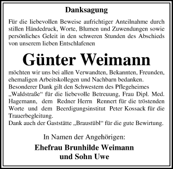 Traueranzeige von Günter Weimann von Mitteldeutsche Zeitung Dessau-Roßlau