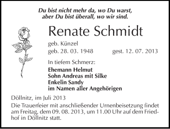 Traueranzeige von Renate Schmidt von Mitteldeutsche Zeitung Halle/Saalkreis