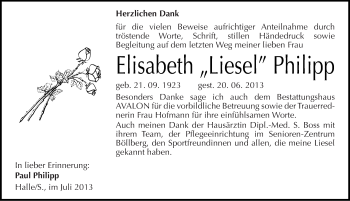 Traueranzeige von Elisabeth Philipp von Mitteldeutsche Zeitung Halle/Saalkreis