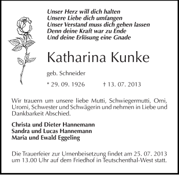 Traueranzeige von Katharina Kunke von Mitteldeutsche Zeitung Halle/Saalkreis