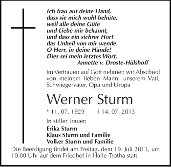 Traueranzeige von Werner Sturm von Mitteldeutsche Zeitung Halle/Saalkreis