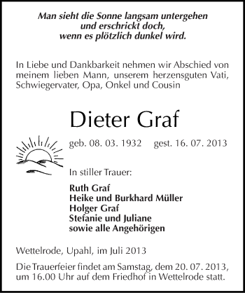 Traueranzeige von Dieter Graf von Mitteldeutsche Zeitung Sangerhausen