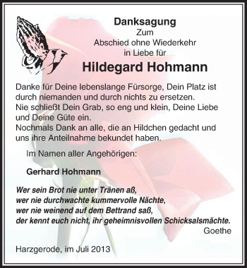 Traueranzeige von Hildegard Hohmann von Mitteldeutsche Zeitung Quedlinburg