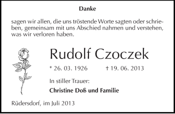 Traueranzeige von Rudolf Czoczek von Mitteldeutsche Zeitung Wittenberg