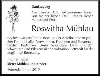 Traueranzeige von Roswitha Mühlau von Mitteldeutsche Zeitung Mansfelder Land