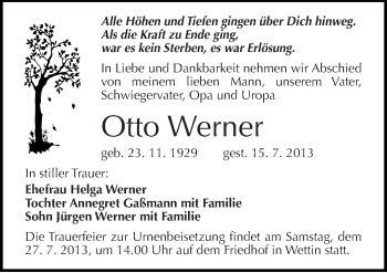 Traueranzeige von Otto Werner von Mitteldeutsche Zeitung Halle/Saalkreis