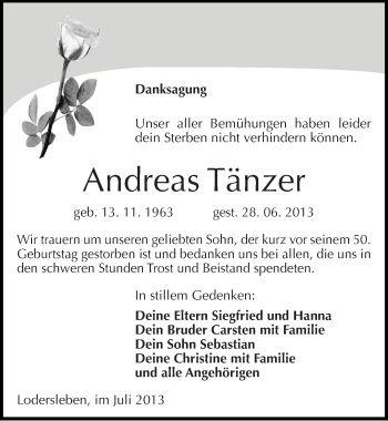 Traueranzeige von Andreas Tänzer von Mitteldeutsche Zeitung Merseburg/Querfurt
